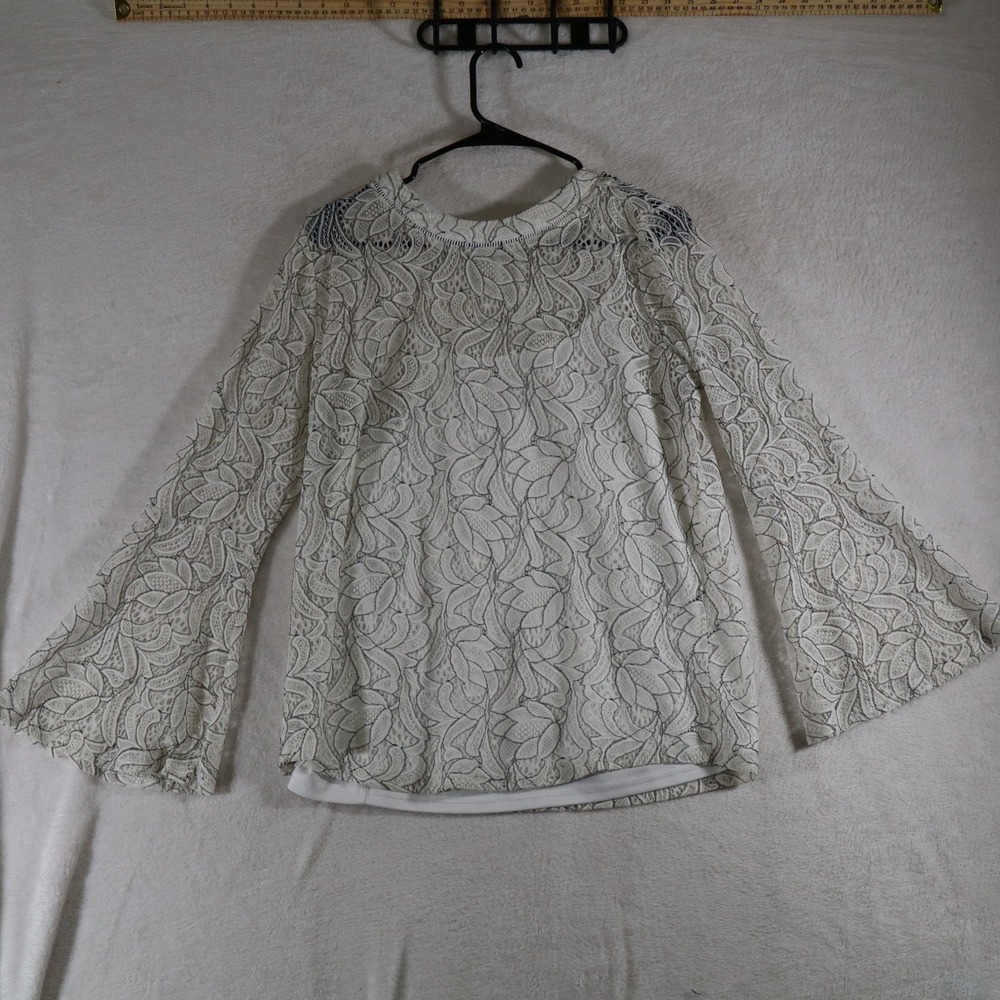 Ultra Pink Women's L White Lace Blouse Floral Sheer Overlay Flared Sleeve Dressy